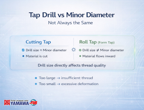 No.036 : ขนาดรูเจาะนำ (Tap Drill) และขนาดเส้นผ่านศูนย์กลางด้านในของเกลียวตัวเมีย (Minor Diameter) | YAMAWA